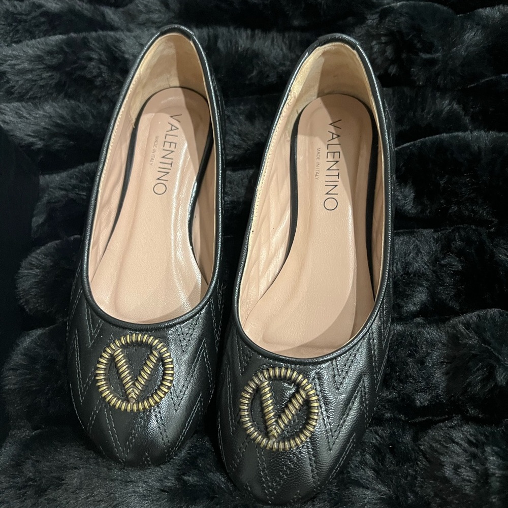 Valentino Black Quilted Flats with Gold Detail